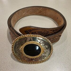 Vtg Nocona Leather Belt Mens 40 Brown 1.5" Western Tooled, Buckle USA, New S684